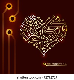 Vector Valentines heart from digital electronic gold circuit and lights