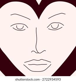 Ilustración del Vector Valentine de una cara minimalista en un corazón. Simboliza el romance moderno, la profundidad psicológica, la autorreflexión y la pasión artística conmovedora