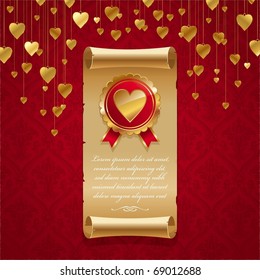 Vector Valentines illustration with vintage scroll & golden badge with hearts