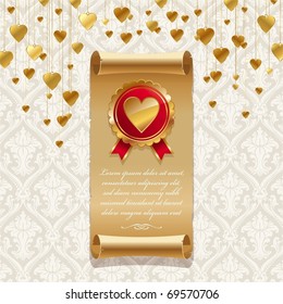 Vector valentines illustration with vintage scroll & golden badge with hearts