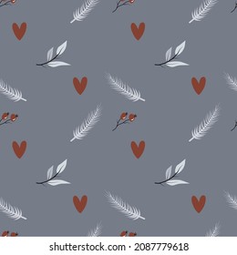 Vector valentines seamless floral pattern with leaves, hearts and berries in winter colors in Scandinavian style for fabrics, paper, textile, gift wrap isolated on gray background