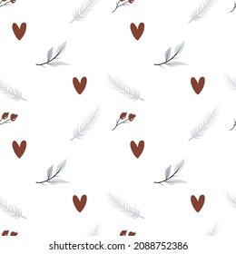 Vector valentines seamless floral pattern with leaves, hearts and berries in winter colors in Scandinavian style for fabrics, paper, textile, gift wrap isolated on white background