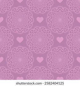 Vector valentines seamless pattern with mandalas and hearts on pink background. For textiles, wallpaper and packaging	
