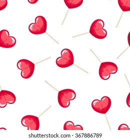 Vector Valentine's seamless pattern with red heart lollipops on a white background.