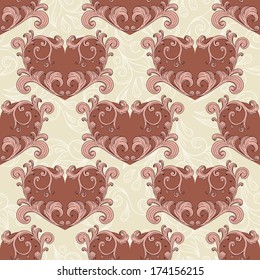 vector valentine's seamless romantic background with hearts and vintage floral ornament, seamless pattern in swatch menu