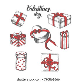 Vector Valentine's set of hand drawn  different gifts and packages. Sketch. Engraving. Christmas, New Year, happy Birthday.