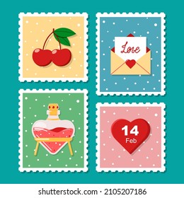 Vector valentines stamp set. Love postmark template. Letter, cherry, potion 14 February