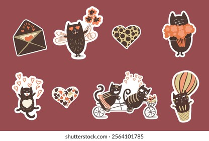 Vector Valentine's stickers with cute cats, kittens, characters. Traditional celebration of love clipart for valentine's day. Collection of funny icons, love, hand drawn vector. 