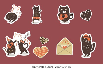 Vector Valentine's stickers with cute cats, kittens, characters. Traditional celebration of love clipart for valentine's day. Collection of funny icons, love, hand drawn vector. 