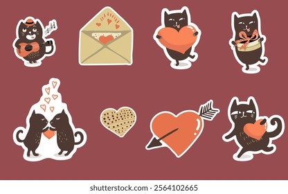 Vector Valentine's stickers with cute cats, kittens, characters. Traditional celebration of love clipart for valentine's day. Collection of funny icons, love, hand drawn vector. 