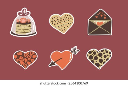 Vector Valentine's stickers with cute hearts, envelope, cake, Valentine's Day symbols, hand drawn vector. 