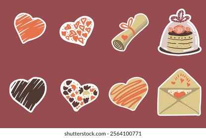 Vector Valentine's stickers with cute hearts, envelope, cake, Valentine's Day symbols, hand drawn vector. 