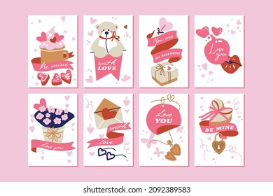 Vector Valentines template greeting cards with attributes, signs and love symbols. Cute romantic backgrounds.