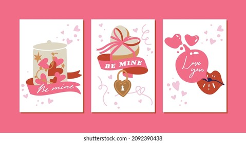 Vector Valentines template greeting cards with attributes, signs and love symbols. Cute romantic backgrounds.