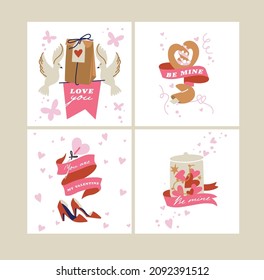 Vector Valentines template greeting cards with attributes, signs and love symbols. Cute romantic backgrounds.