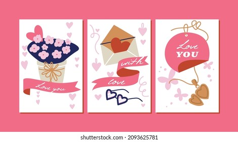 Vector Valentines template greeting cards with attributes, signs and love symbols. Cute romantic backgrounds.