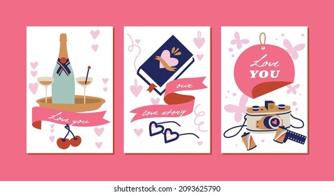 Vector Valentines template greeting cards with attributes, signs and love symbols. Cute romantic backgrounds.