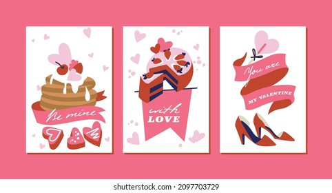 Vector Valentines template greeting cards with attributes, signs and love symbols. Cute romantic backgrounds