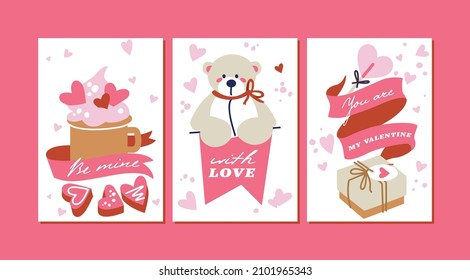 Vector Valentines template greeting cards with attributes, signs and love symbols. Cute romantic backgrounds