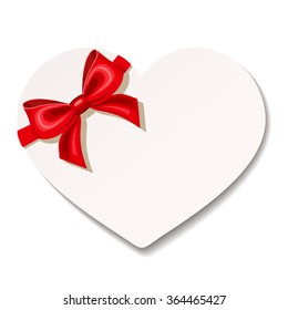 Vector Valentines white heart card with red bow on a white background.