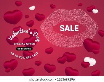 Vector Valentine's or Women's day with white text Sale banner isolated on red background. All phrases by Sil Open Font License. 3D illustration.