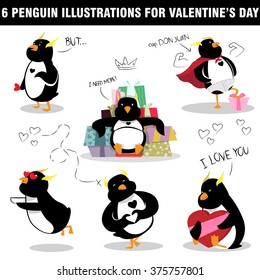 vector valentines's day card with illustration of two penguins in hat and crown