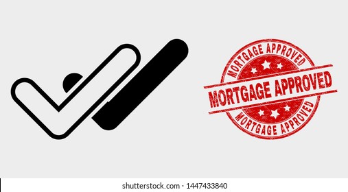Vector valid ticks icon and Mortgage Approved watermark. Red round grunge watermark with Mortgage Approved caption. Vector combination for valid ticks in flat style. Black isolated valid ticks icon.