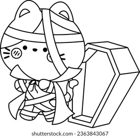 a vector of a vampire cat and a coffin in black and white coloring