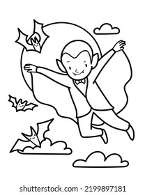 Vector with vampire flying on full moon background. Coloring page with funny Halloween character.