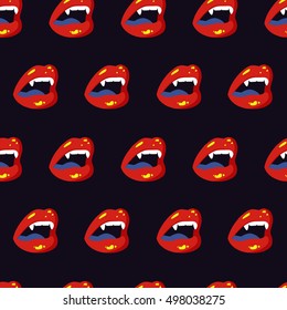 Vector vampire girl lips. Teenage funny pattern with vampire in neon color. Halloween fabric print in pop art style. 