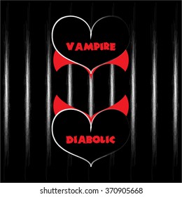 Vector vampire heart with collar and diabolic heart with horns shaping a third heart. White abstract lines on black background. Vector valentines day creative minimal dark greeting card