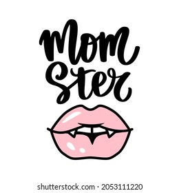 Vector vampire lips. Halloween cute illustration. Mouth with fangs. Pink Female lips isolated on white background. MOMster Hand drawn lettering phrase