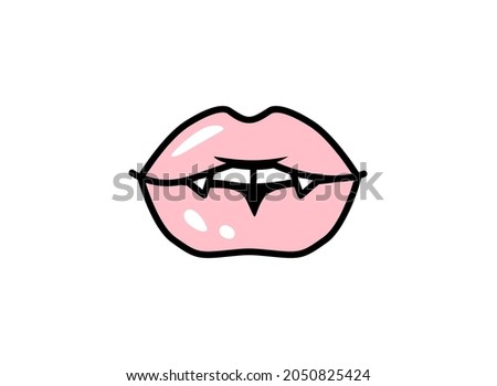 Vector vampire lips. Halloween cute illustration. Mouth with fangs. Pink Female lips isolated on white background.