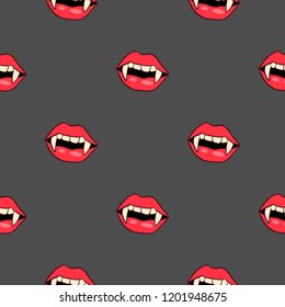 Vector vampire teeth halloween seamless pattern.  Female sexy lips with fangs 