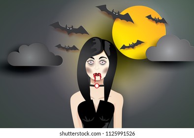 Vector vampire woman and the full moon with many bats in halloween night.