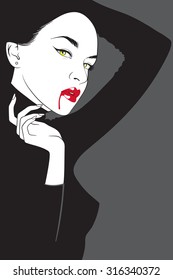Vector vampire woman in noir comics style. Halloween design illustration