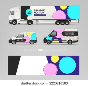 Vector Van, maquetas vectoriales de vehículos de empresa con diseño de envolturas para marca e identidad corporativa. Gráficos abstractos para el fondo de negocios y diseño de volante. Ajustar el diseño. Vehículo de promoción de marca
