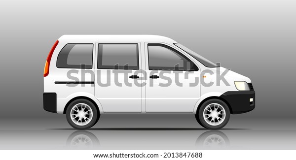 Vector van, family car, side view. White\
blank template for advertising, mockup. Modern passenger transport.\
Realistic Car Van Isolated on Gray\
Background.