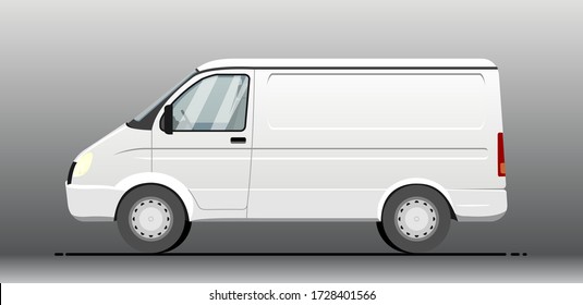 Vector van, lorry, side view. White empty van template for advertising. Freight transportation, delivery of goods, goods, products. Modern flat vector illustration isolated.