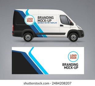 Vector Van mockup con marca y envoltura de identidad corporativa de librea. Abstractas gráficos rayas azules y negras Diseño de envoltura y calcomanía para furgoneta de servicios y coche de carreras. Vehículo de marca. Diseño de Anuncio de AD