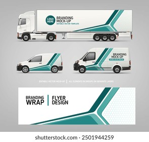 Vector Van, Truck, Delivery Car mockup mit Grafik-Design für Branding und Corporate Identity. Abstrakte Grafiken von Streifen für Business-Banner-Hintergrund und Fahrzeug-Branding und Werbung