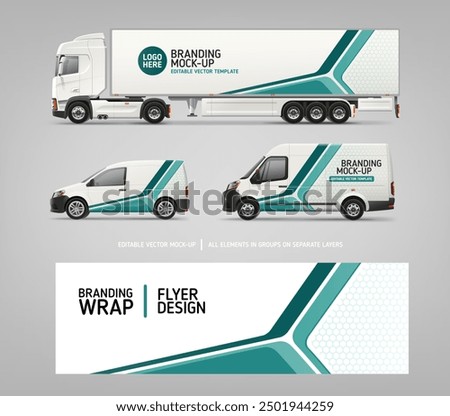 Vector Van, Truck, Delivery Car mockup with graphics design for branding and corporate identity. Abstract graphics of stripes for business banner background and vehicle branding and advertising