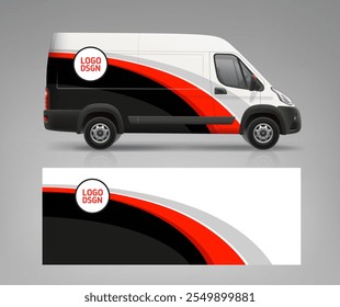 Vetor Van, Truck mockup com marca e decalque de identidade corporativa. Gráficos abstratos de listras vermelhas e pretas para plano de fundo do folheto de negócios. Conceito de identidade da marca do veículo	