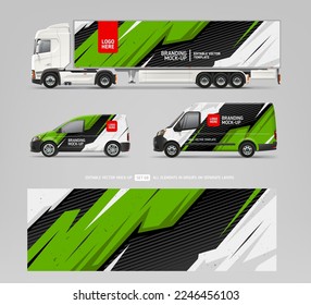 Vector Van, Truck trailer mockup with branding and corporate identity decal. Abstract graphics for business background. Flyer or wrap design. Editable template
