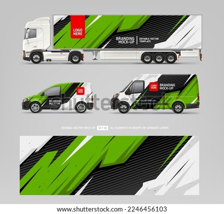 Vector Van, Truck trailer mockup with branding and corporate identity decal. Abstract graphics for business background. Flyer or wrap design. Editable template
