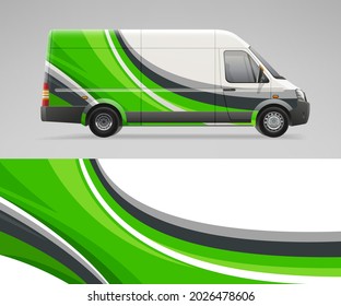 Vector Van wrap decal with  branding corporate identity design. Abstract graphic of green stripes Wrap, livery and decal for services car. Realistic Delivery Van mockup