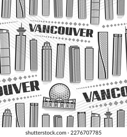 Vector Vancouver Seamless Pattern, repeat background with illustration of famous vancouver city scape on white background for wrapping paper, monochrome line art urban poster with black text vancouver