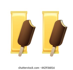 Vector Vanila Banana Bitten Popsicle Choc-ice Lollipop Ice Cream in Chocolate Glaze on Stick with Filling with Yellow Plastic Wrapper for Branding Package Design Close up Isolated on Background