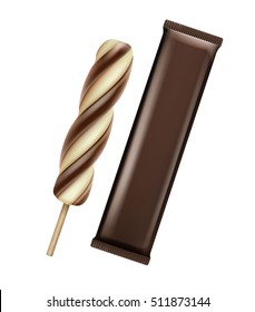 Vector Vanilla Chocolate Spiral Popsicle Lollipop Ice Cream Fruit Juice Ice on Stick with Brown Plastic Foil Wrapper for Package Design Close up Isolated on White Background