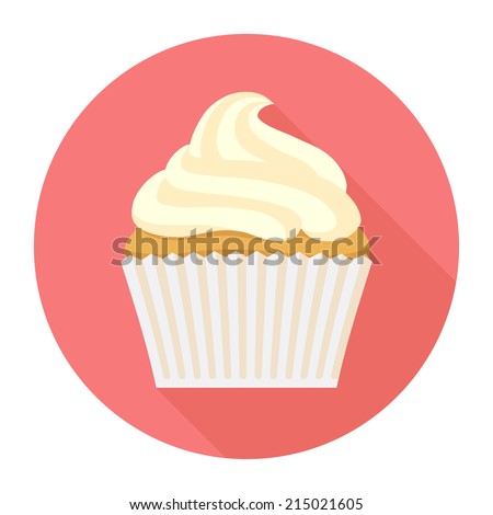 Vector vanilla cupcake with frosting round icon featuring long shadow | Vanilla fairy cake with icing circle icon with pink background